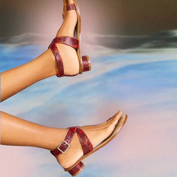 Delete tibi Hanson Red Snake-Effect Leather Sandals Crisscross Strap Round 39 9