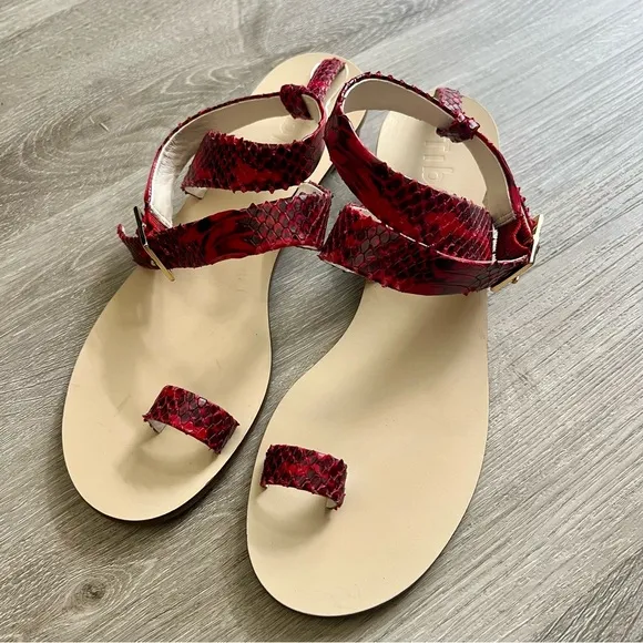 Delete tibi Hanson Red Snake-Effect Leather Sandals Crisscross Strap Round 39 9