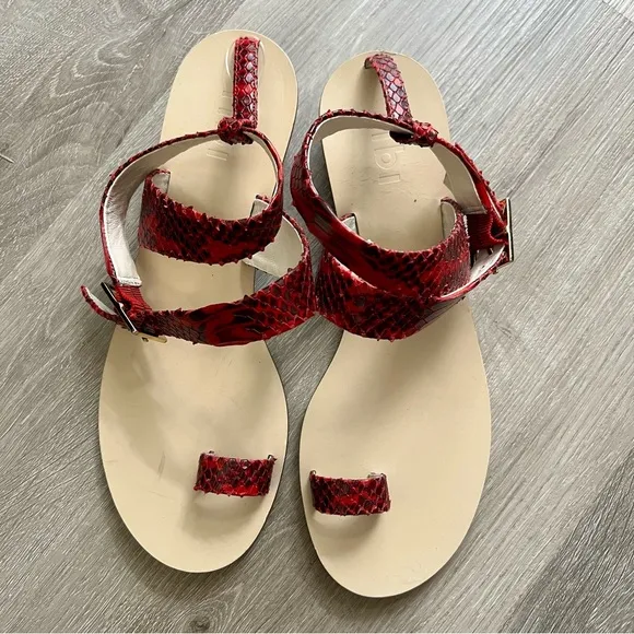 Delete tibi Hanson Red Snake-Effect Leather Sandals Crisscross Strap Round 39 9