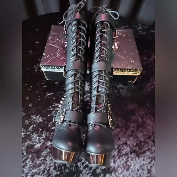 DEMONIA Muerto-2028 Goth Punk Bone Heel Spiked Skull Buckle Knee Boots Size 8