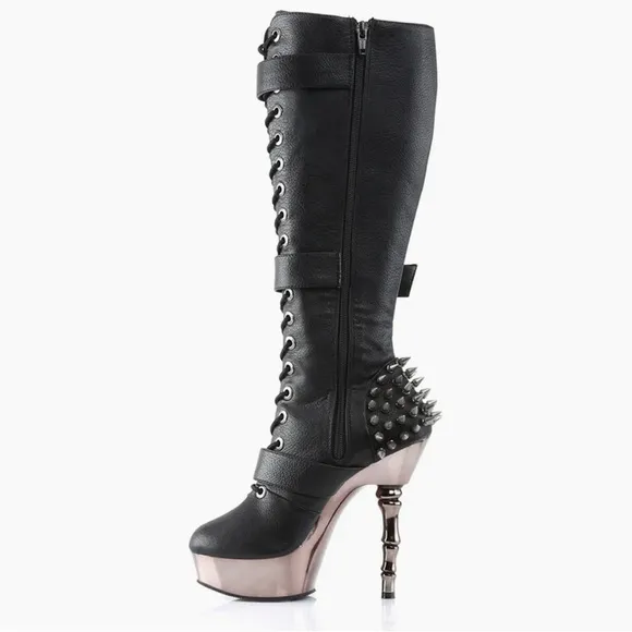 DEMONIA Muerto-2028 Goth Punk Bone Heel Spiked Skull Buckle Knee Boots Size 8