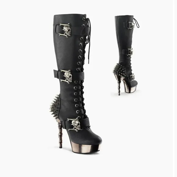DEMONIA Muerto-2028 Goth Punk Bone Heel Spiked Skull Buckle Knee Boots Size 8