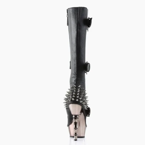 DEMONIA Muerto-2028 Goth Punk Bone Heel Spiked Skull Buckle Knee Boots Size 8