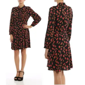 Diane Von Furstenberg Chrissie Silk Blend Long Sleeve  A-Line Dress Black/Pink S
