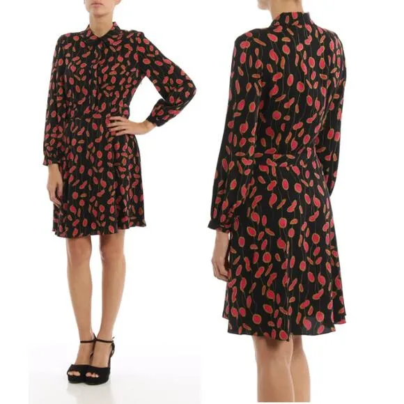 Diane Von Furstenberg Chrissie Silk Blend Long Sleeve  A-Line Dress Black/Pink S