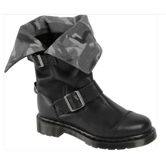 Doc Martens Kathleena Womens 9M Black Gray Camo Fold Option Grunge Biker Bad As$