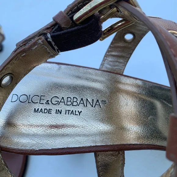 Dolce &amp; Gabbana Brown T-Strap Sandals with Metallic Accents