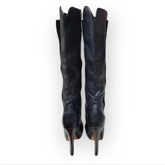 Dolce Vita Knee High Black Leather Boots with Wood Wedge Heel 7.5