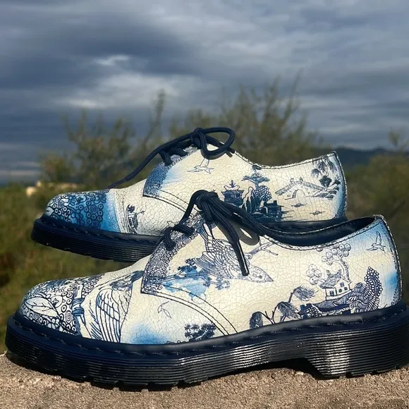 Dr. Martens Blue “Willow” Cristal Suede Crackle 1461 Two Tone Floral Oxfords