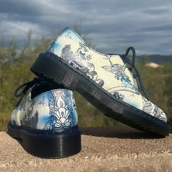 Dr. Martens Blue “Willow” Cristal Suede Crackle 1461 Two Tone Floral Oxfords
