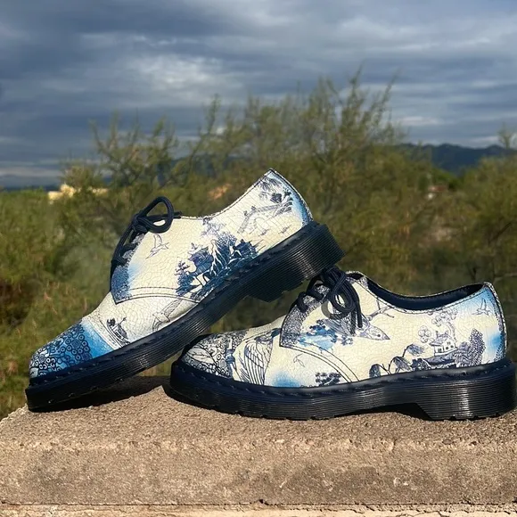 Dr. Martens Blue “Willow” Cristal Suede Crackle 1461 Two Tone Floral Oxfords