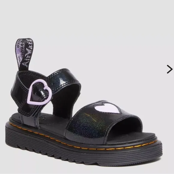 Dr. martens JUNIOR MARLOWE SHIMMER black HEART STRAP SANDALS size 4/5