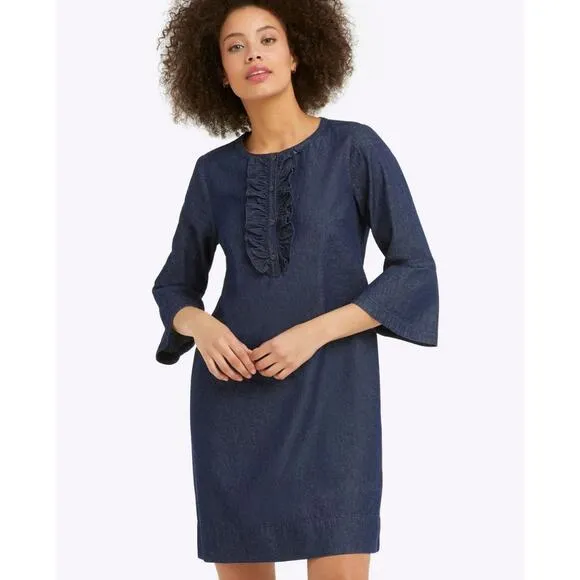 Draper James Denim Blue Chambray Ruffle Shift Dress Size 16