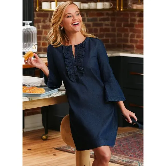 Draper James Denim Blue Chambray Ruffle Shift Dress Size 16