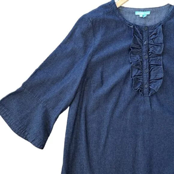 Draper James Denim Blue Chambray Ruffle Shift Dress Size 16