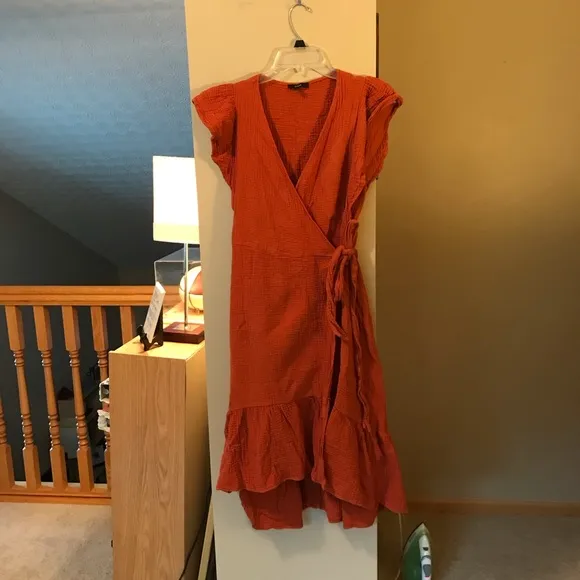 Drew Anthropologie Orange Ruffle Wrap Dress Size Medium