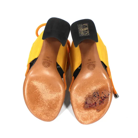 Dries Van Noten Golden Yellow Satin Open Toe Wrap Around Tie Heeled Sandals 36