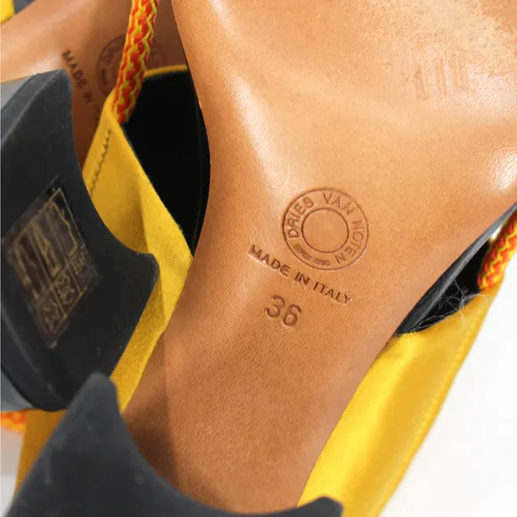 Dries Van Noten Golden Yellow Satin Open Toe Wrap Around Tie Heeled Sandals 36