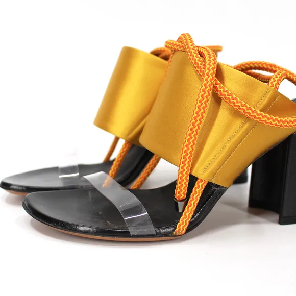 Dries Van Noten Golden Yellow Satin Open Toe Wrap Around Tie Heeled Sandals 36