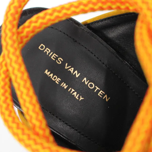 Dries Van Noten Golden Yellow Satin Open Toe Wrap Around Tie Heeled Sandals 36