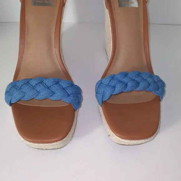 DV By Dolce Vita Harriat Women's Denim Braided Strap Brown Wedge Sandals- 9 1/2