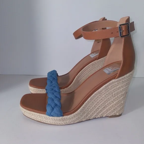 DV By Dolce Vita Harriat Women's Denim Braided Strap Brown Wedge Sandals- 9 1/2