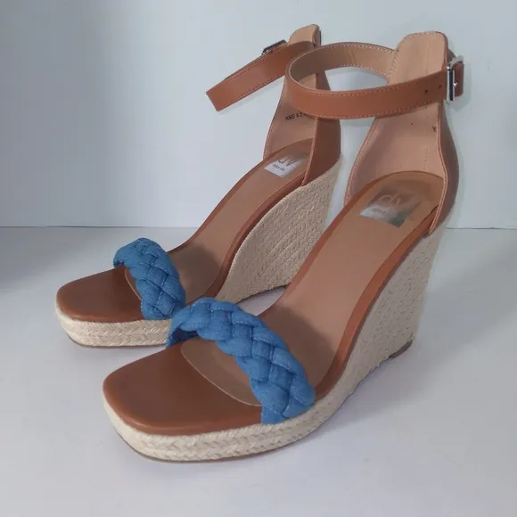 DV By Dolce Vita Harriat Women's Denim Braided Strap Brown Wedge Sandals- 9 1/2