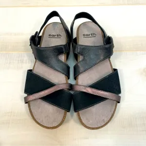 Earth NEW Linden Laguna Black &amp; Silver Leather Sandals Sz 7.5W