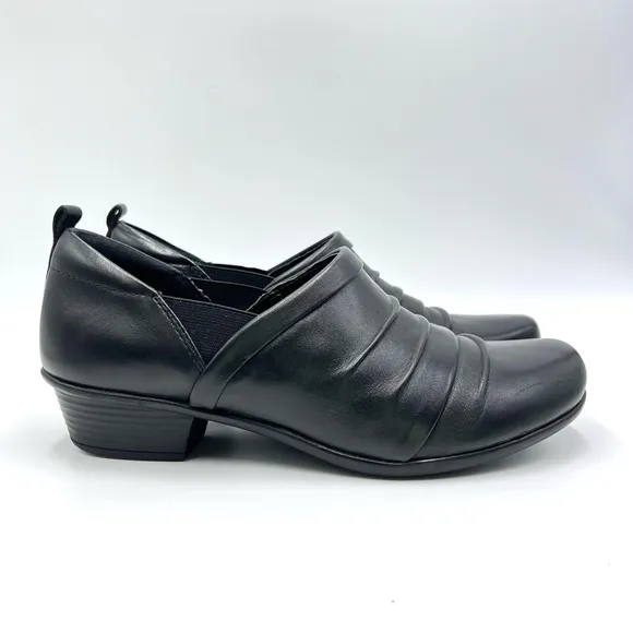 Earth Womens Sage Pleated Ruched Black Leather Comfort Loafers Clogs Shoes 9