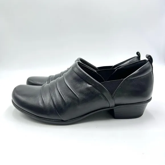 Earth Womens Sage Pleated Ruched Black Leather Comfort Loafers Clogs Shoes 9