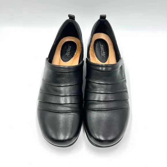 Earth Womens Sage Pleated Ruched Black Leather Comfort Loafers Clogs Shoes 9