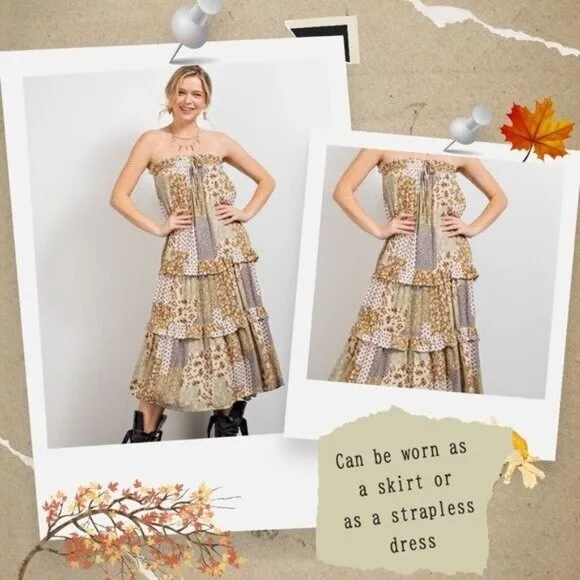 EASEL Patchwork Tiered Ruffled Elastic &amp; Drawstring Waist Midi Maxi Skirt Dress