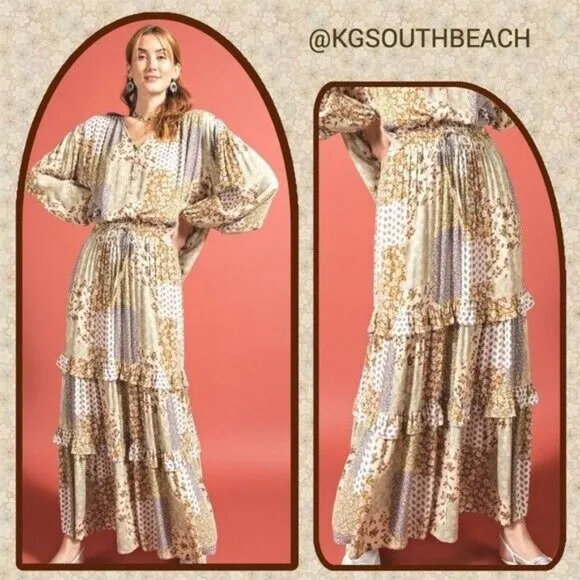 EASEL Patchwork Tiered Ruffled Elastic &amp; Drawstring Waist Midi Maxi Skirt Dress