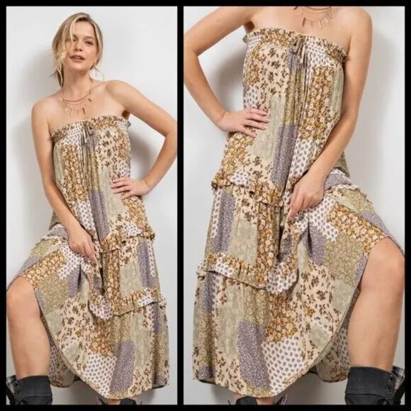 EASEL Patchwork Tiered Ruffled Elastic &amp; Drawstring Waist Midi Maxi Skirt Dress