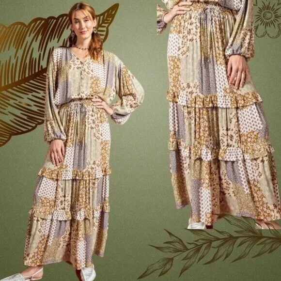 EASEL Patchwork Tiered Ruffled Elastic &amp; Drawstring Waist Midi Maxi Skirt Dress