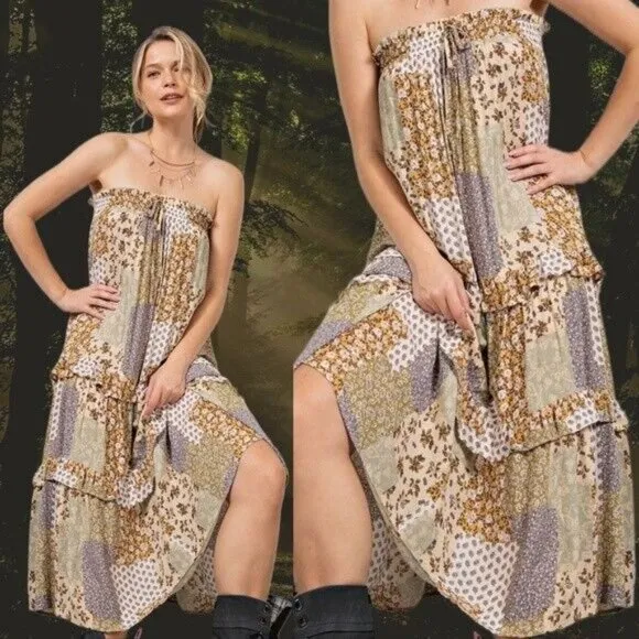 EASEL Patchwork Tiered Ruffled Elastic &amp; Drawstring Waist Midi Maxi Skirt Dress