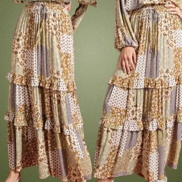 EASEL Patchwork Tiered Ruffled Elastic &amp; Drawstring Waist Midi Maxi Skirt Dress