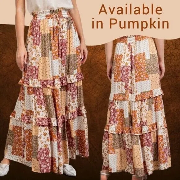 EASEL Patchwork Tiered Ruffled Elastic &amp; Drawstring Waist Midi Maxi Skirt Dress