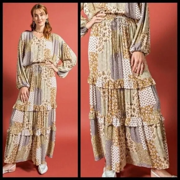 EASEL Patchwork Tiered Ruffled Elastic &amp; Drawstring Waist Midi Maxi Skirt Dress