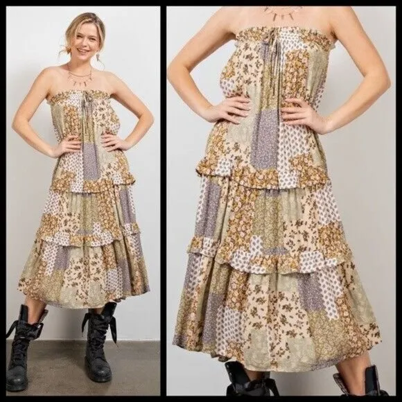 EASEL Patchwork Tiered Ruffled Elastic &amp; Drawstring Waist Midi Maxi Skirt Dress