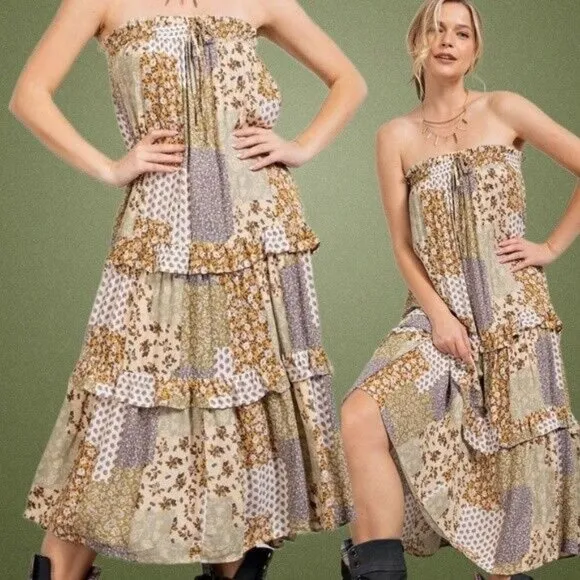 EASEL Patchwork Tiered Ruffled Elastic &amp; Drawstring Waist Midi Maxi Skirt Dress