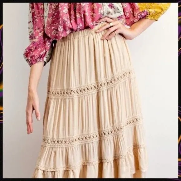 EASEL Silky Lux Crochet Trim Ruffled Tiers Midi or Maxi Skirt W/Lining &amp; Pockets