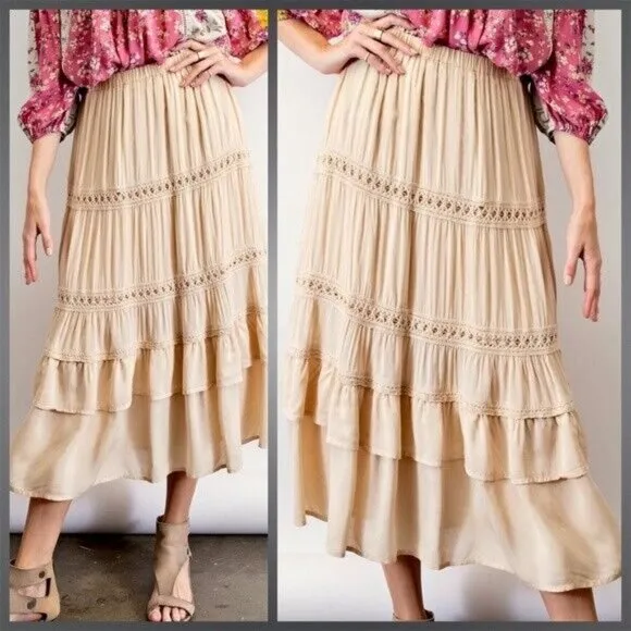 EASEL Silky Lux Crochet Trim Ruffled Tiers Midi or Maxi Skirt W/Lining &amp; Pockets