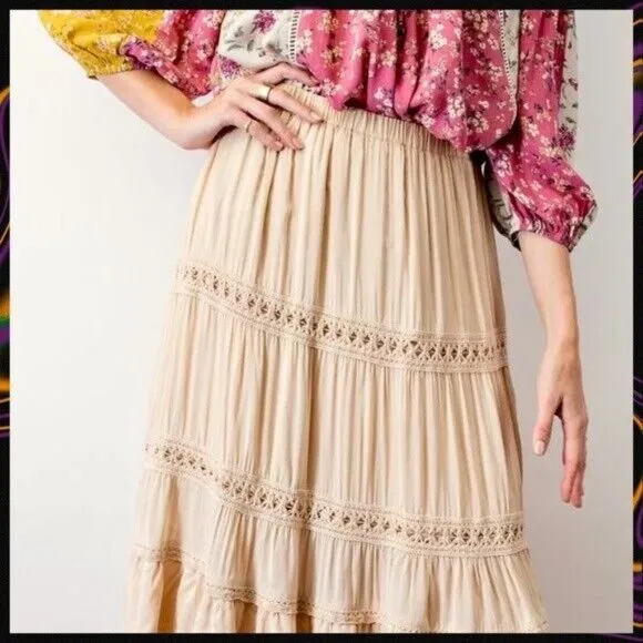 EASEL Silky Lux Crochet Trim Ruffled Tiers Midi or Maxi Skirt W/Lining &amp; Pockets