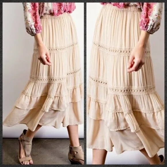 EASEL Silky Lux Crochet Trim Ruffled Tiers Midi or Maxi Skirt W/Lining &amp; Pockets