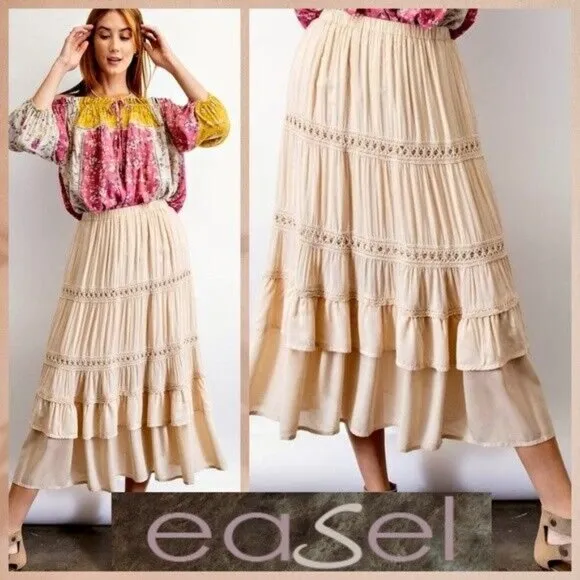 EASEL Silky Lux Crochet Trim Ruffled Tiers Midi or Maxi Skirt W/Lining &amp; Pockets