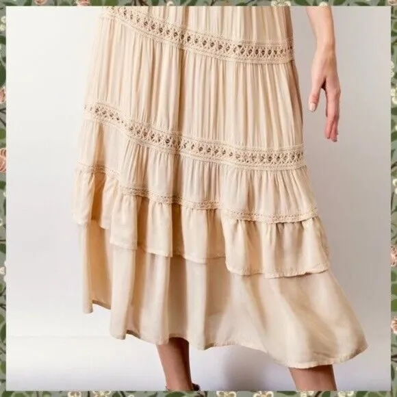 EASEL Silky Lux Crochet Trim Ruffled Tiers Midi or Maxi Skirt W/Lining &amp; Pockets
