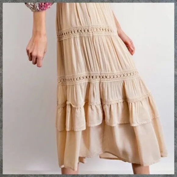 EASEL Silky Lux Crochet Trim Ruffled Tiers Midi or Maxi Skirt W/Lining &amp; Pockets