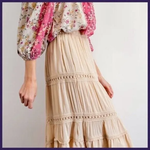 EASEL Silky Lux Crochet Trim Ruffled Tiers Midi or Maxi Skirt W/Lining &amp; Pockets