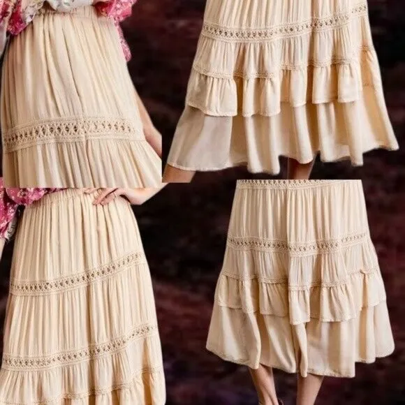 EASEL Silky Lux Crochet Trim Ruffled Tiers Midi or Maxi Skirt W/Lining &amp; Pockets
